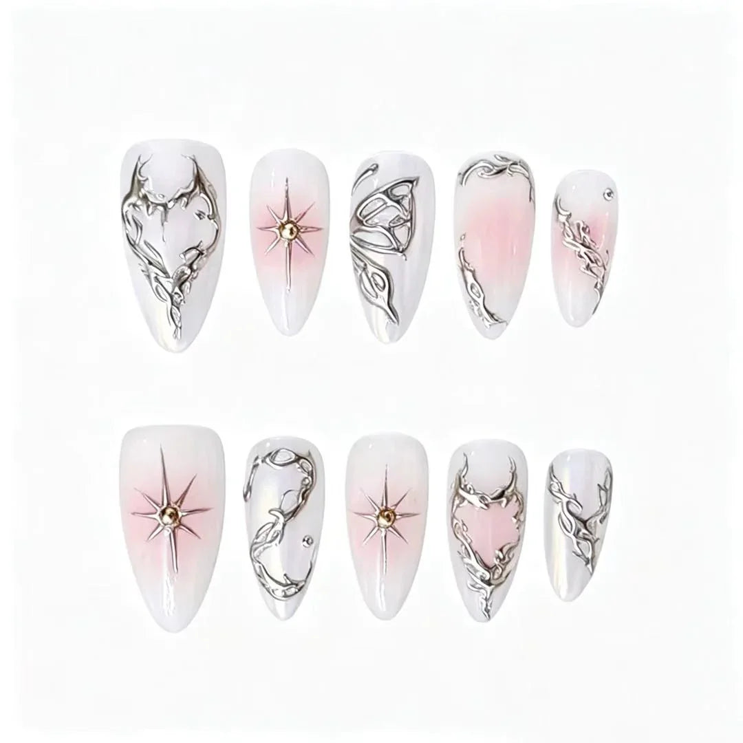 Pink Blush Silver Chrome Press-On Nails featuring pink ombre, silver chrome, liquid metal, Y2K details on reusable handmade press-on nails