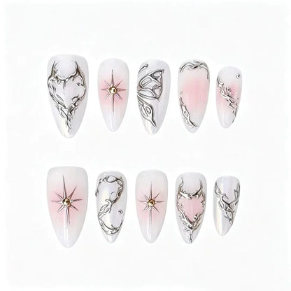 Pink Blush Silver Chrome Press-On Nails featuring pink ombre, silver chrome, liquid metal, Y2K details on reusable handmade press-on nails