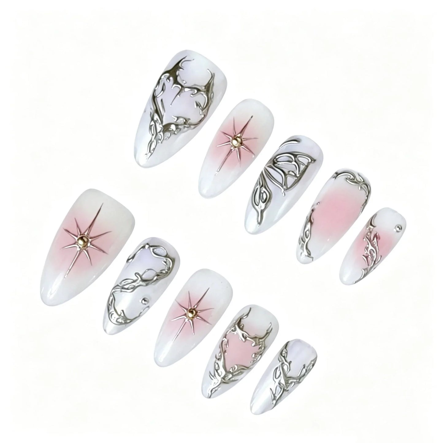 Pink Blush Silver Chrome Press-On Nails featuring pink ombre, silver chrome, liquid metal, Y2K details on reusable handmade press-on nails