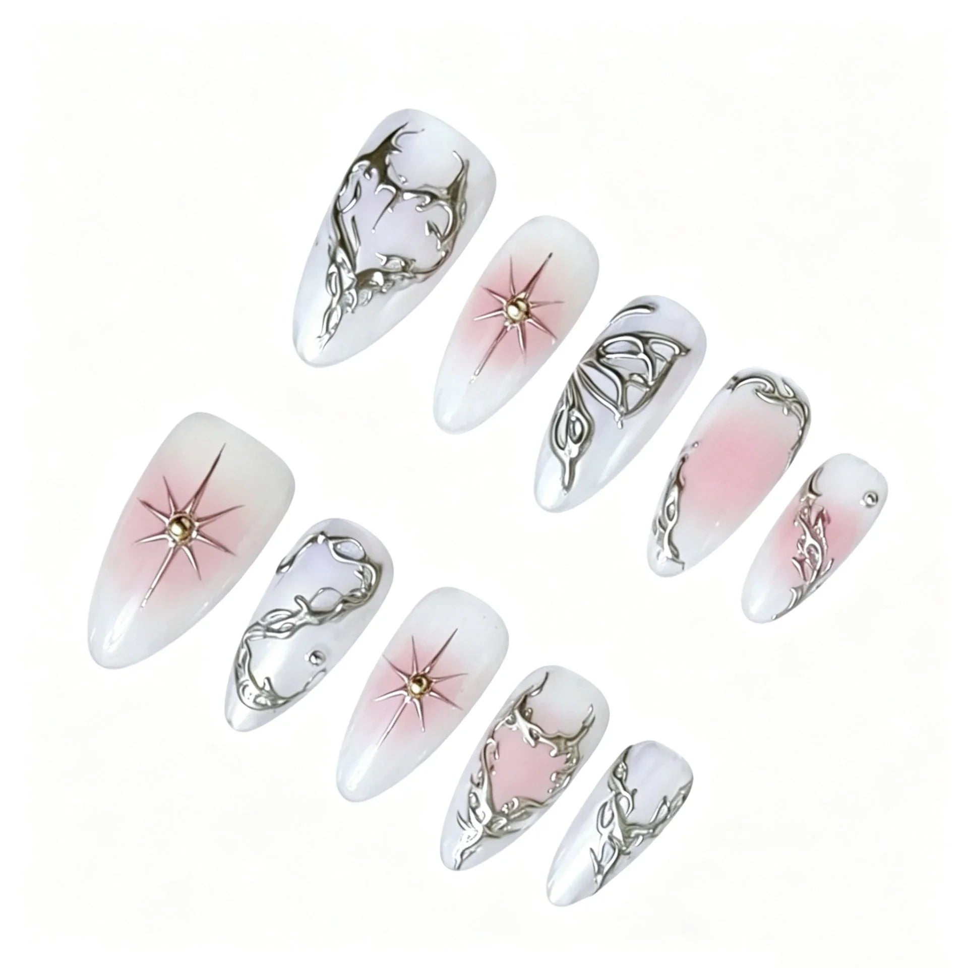 Pink Blush Silver Chrome Press-On Nails featuring pink ombre, silver chrome, liquid metal, Y2K details on reusable handmade press-on nails