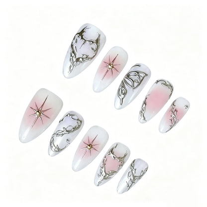 Pink Blush Silver Chrome Press-On Nails featuring pink ombre, silver chrome, liquid metal, Y2K details on reusable handmade press-on nails