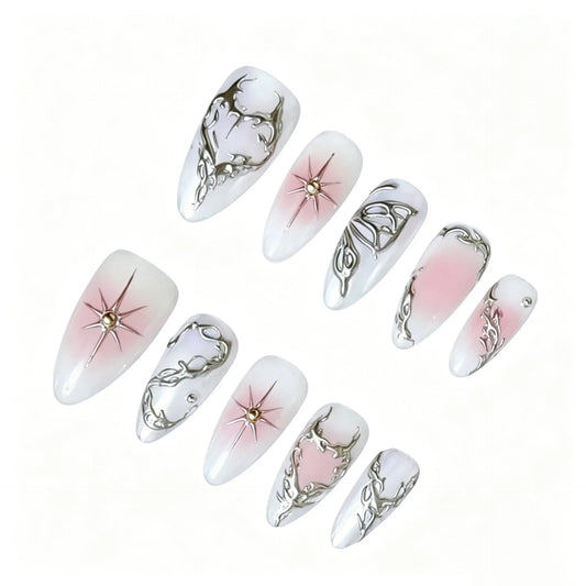 Pink Blush Silver Chrome Press-On Nails featuring pink ombre, silver chrome, liquid metal, Y2K details on reusable handmade press-on nails