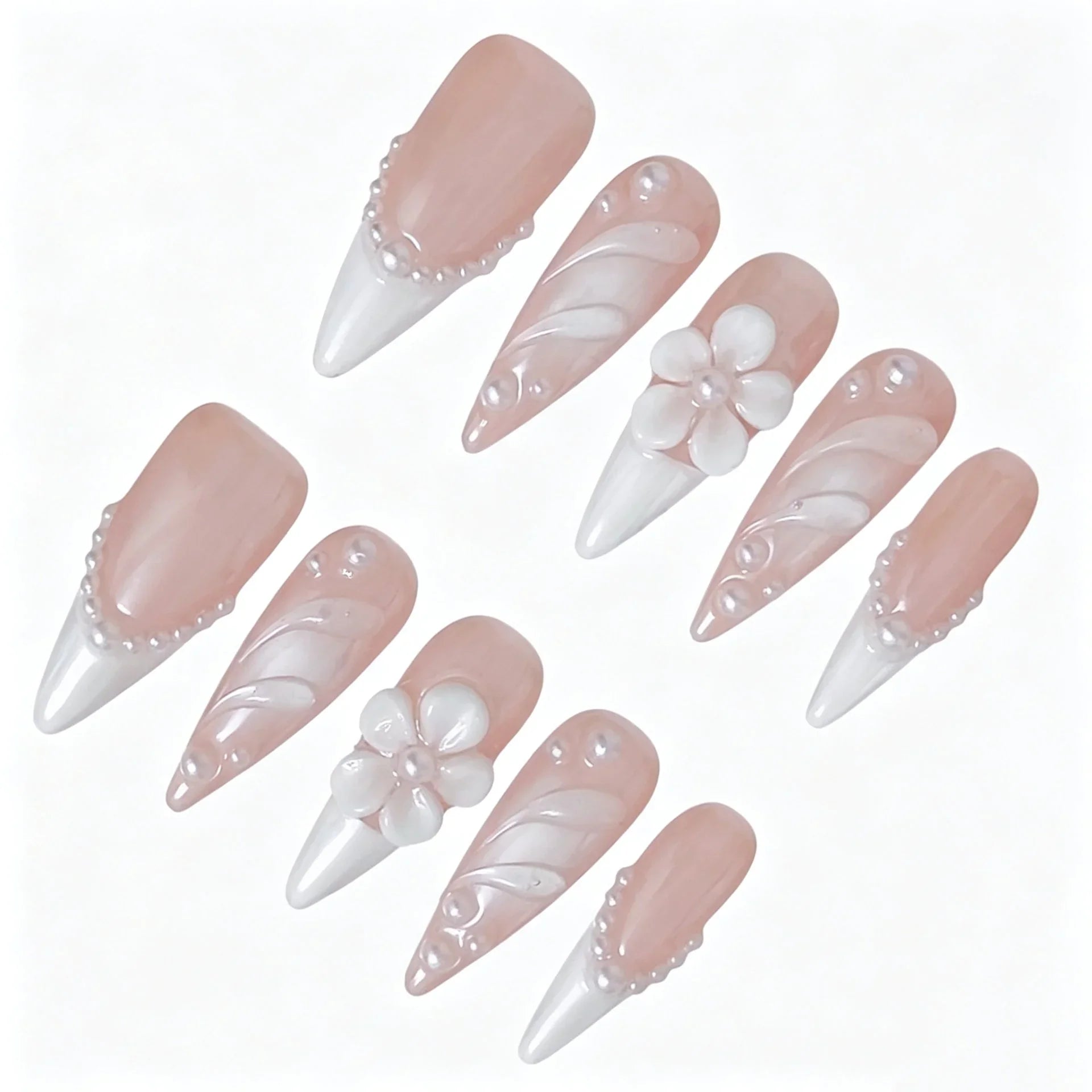 Pink French Pearl Floral Press-On Nails featuring bridal, pearl, floral, romantic details on reusable handmade press-on nails