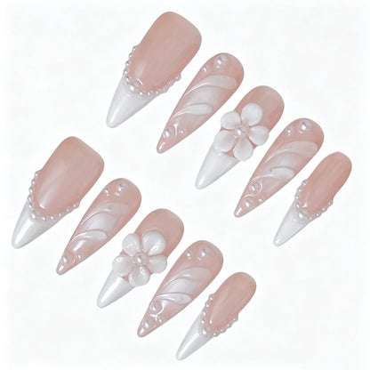 Pink French Pearl Floral Press-On Nails featuring bridal, pearl, floral, romantic details on reusable handmade press-on nails