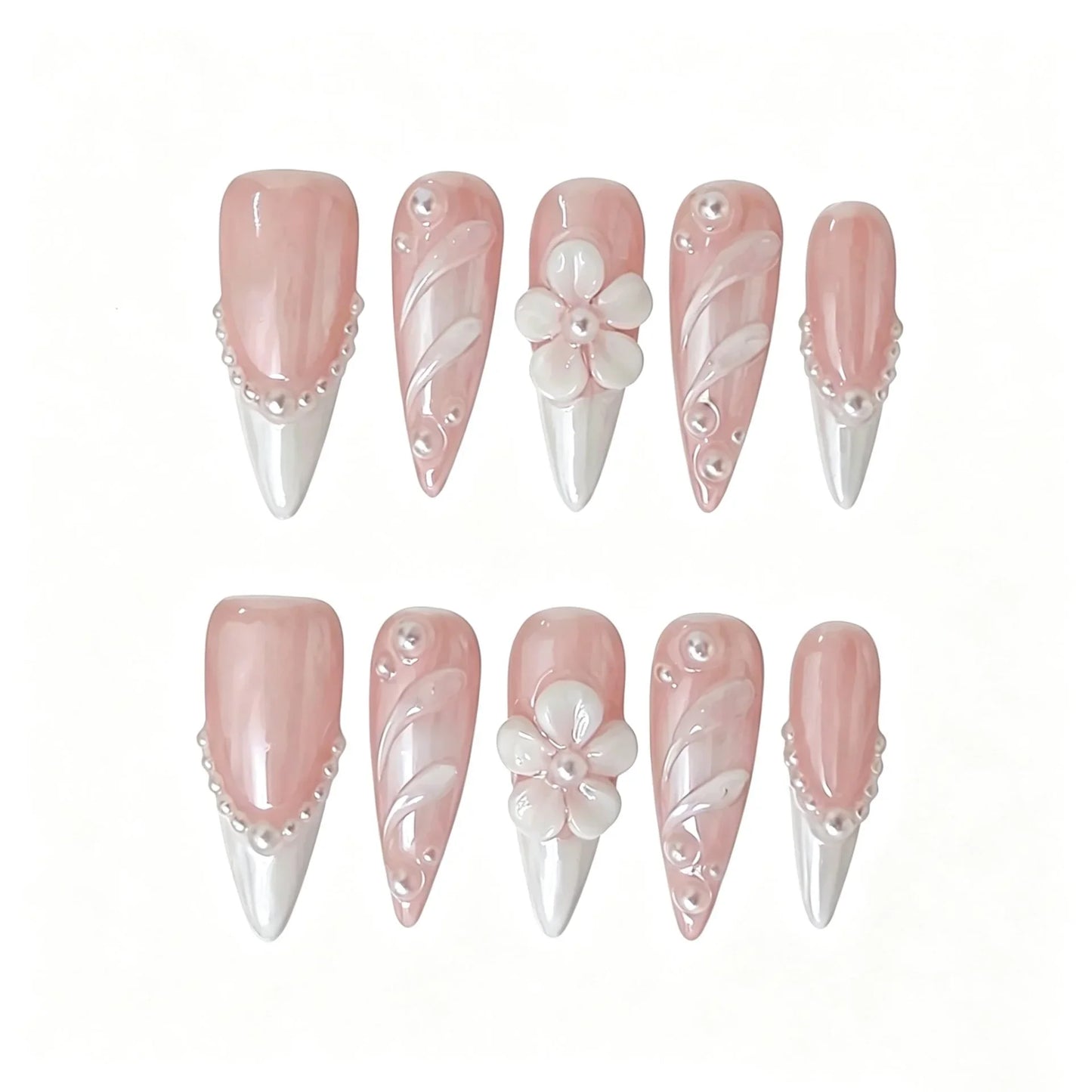 Pink French Pearl Floral Press-On Nails featuring bridal, pearl, floral, romantic details on reusable handmade press-on nails