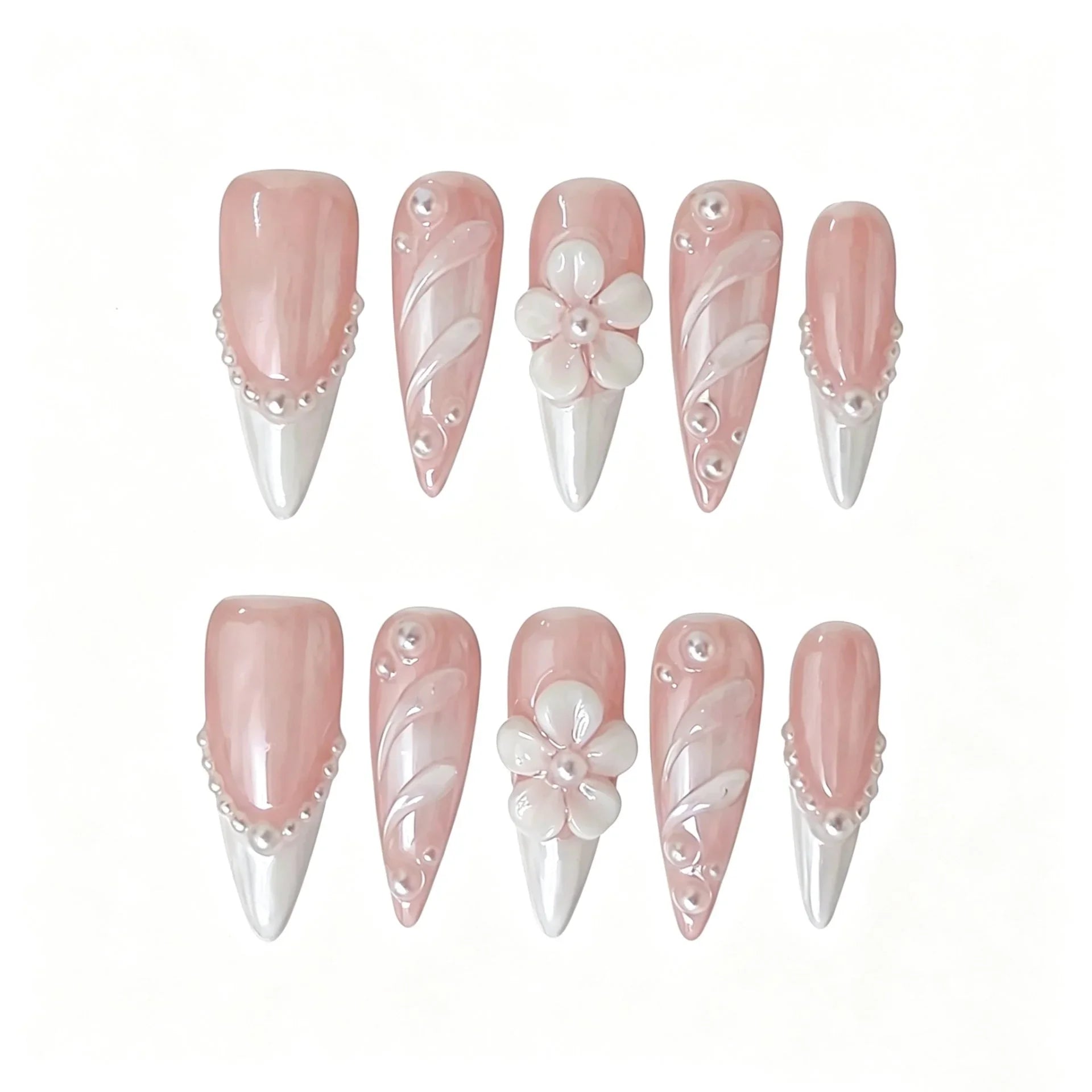 Pink French Pearl Floral Press-On Nails featuring bridal, pearl, floral, romantic details on reusable handmade press-on nails
