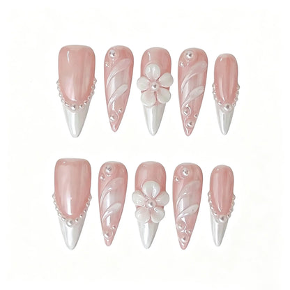 Pink French Pearl Floral Press-On Nails featuring bridal, pearl, floral, romantic details on reusable handmade press-on nails