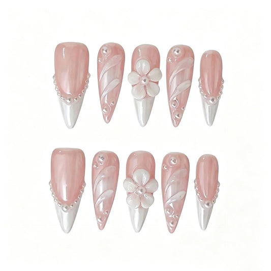 Pink French Pearl Floral Press-On Nails featuring bridal, pearl, floral, romantic details on reusable handmade press-on nails