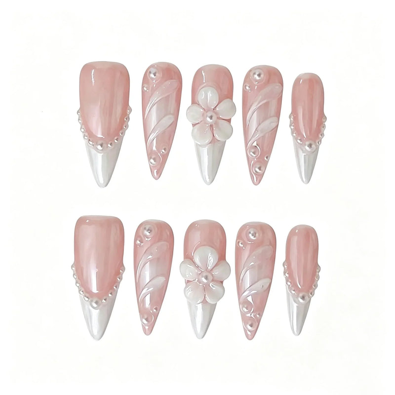 Pink French Pearl Floral Press-On Nails