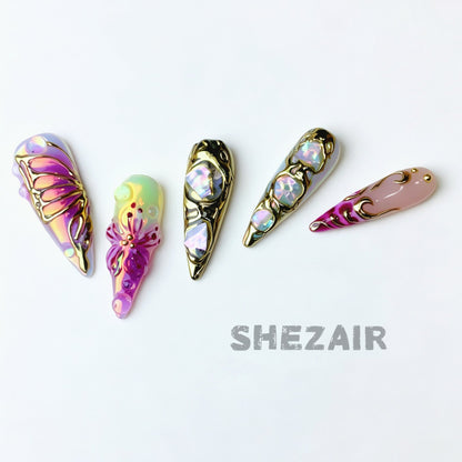 Shezair Opal Butterfly Bloom luxury press-on nails with iridescent butterfly, floral, gold and opal 3D details