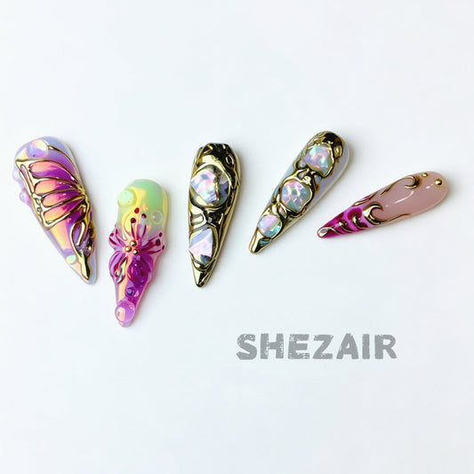 Shezair Opal Butterfly Bloom luxury press-on nails with iridescent butterfly, floral, gold and opal 3D details