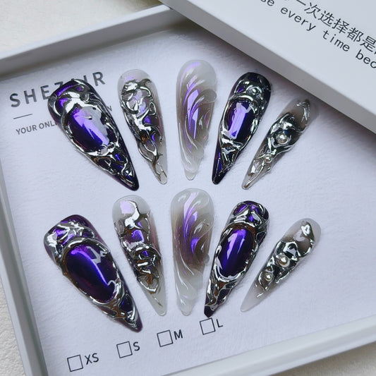 Purple silver liquid metal long stiletto press-on nails on Shezair packaging card