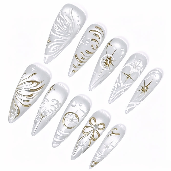 Celestial Ivory – White & Gold Stiletto Press-On Nails