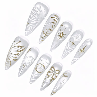 Celestial Ivory – White & Gold Stiletto Press-On Nails