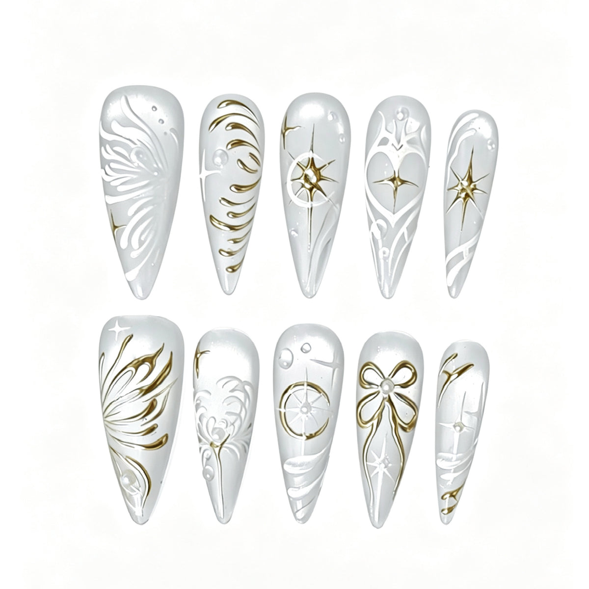 Celestial Ivory white and gold stiletto press-on nails, full design