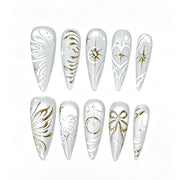 Celestial Ivory white and gold stiletto press-on nails, full design