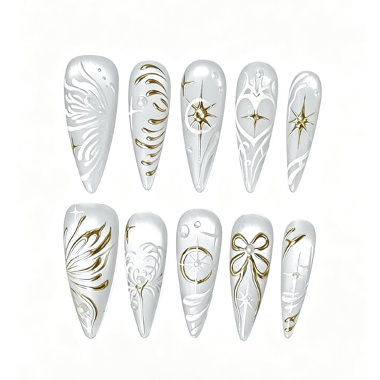 Celestial Ivory white and gold stiletto press-on nails, full design
