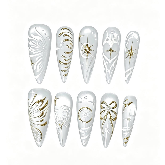 Celestial Ivory – White & Gold Stiletto Press-On Nails