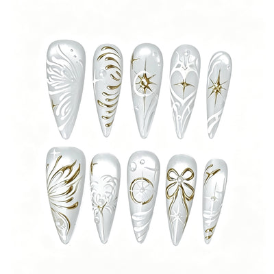 Celestial Ivory – White & Gold Stiletto Press-On Nails
