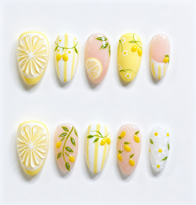 Lemon Garden Citrus Press-On Nails | Floral Yellow Art
