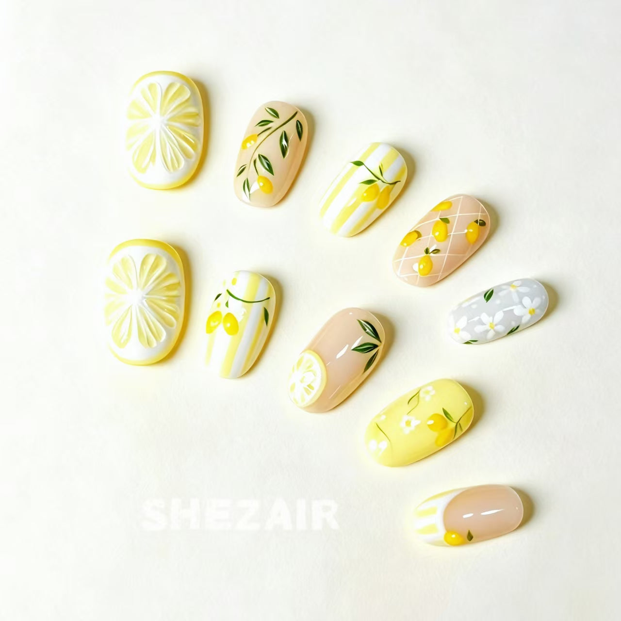 Shezair Lemon Garden Citrus Press-On Nails with yellow lemon, floral and botanical nail art