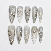 Silver Eclipse grey and silver chrome stiletto press-on nails, full 10-piece set