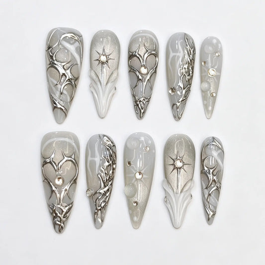 Silver Eclipse grey and silver chrome stiletto press-on nails, full 10-piece set