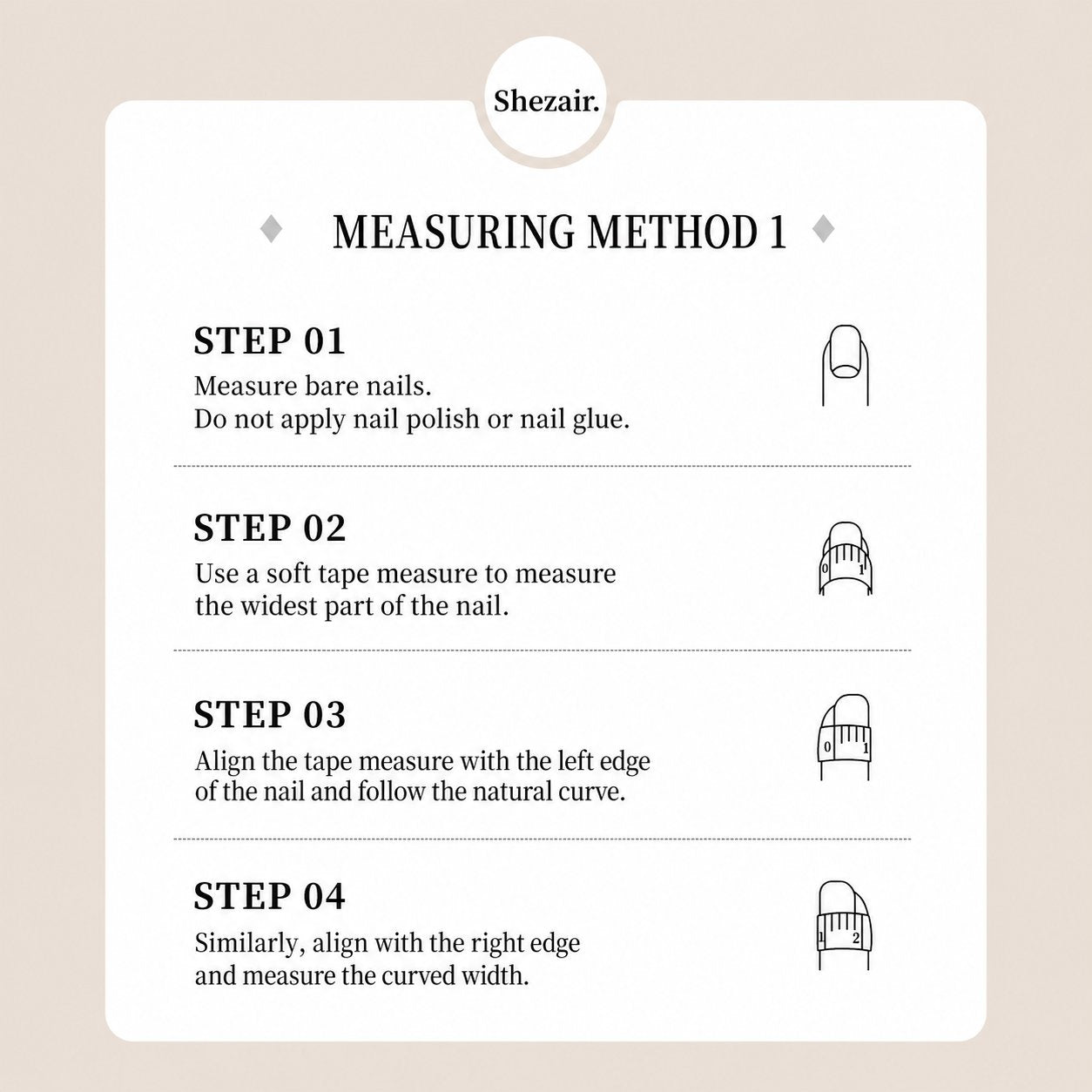 Shezair measuring method for press-on nails using a soft tape measure