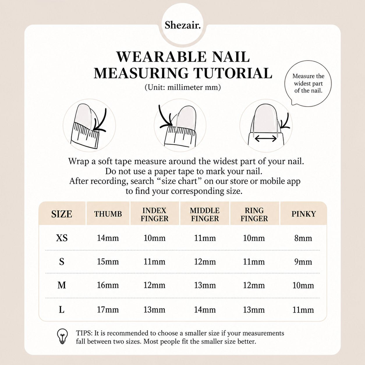 Shezair wearable nail size chart XS S M L in millimeters