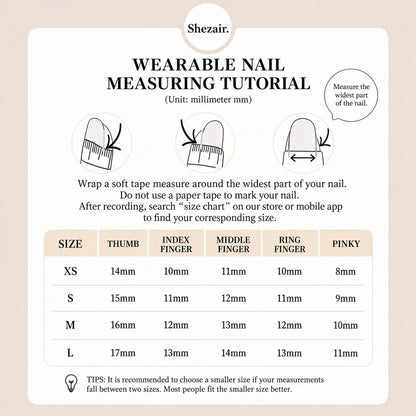 Shezair wearable nail size chart XS S M L in millimeters