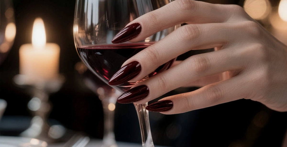 Dark glossy SHEZAIR press-on nails styled for evening looks
